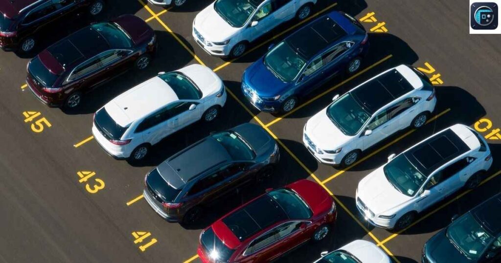 Ten Compact Cars Parked in a Row